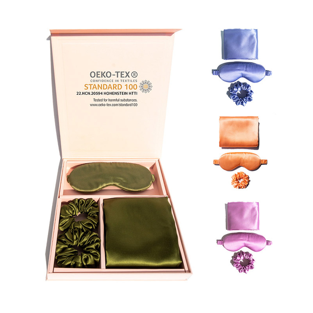 Kissenbezug-Set aus Seide mit Reißverschluss/Umschlag, Mund, Augenmaske und Haarschlaufe